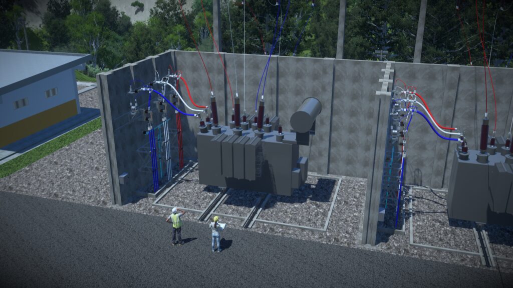 Two workers stand near large electrical transformers and power lines in an outdoor COPEL Distribuição substation, surrounded by concrete barriers and trees—a prime scene for a case study on power distribution infrastructure.