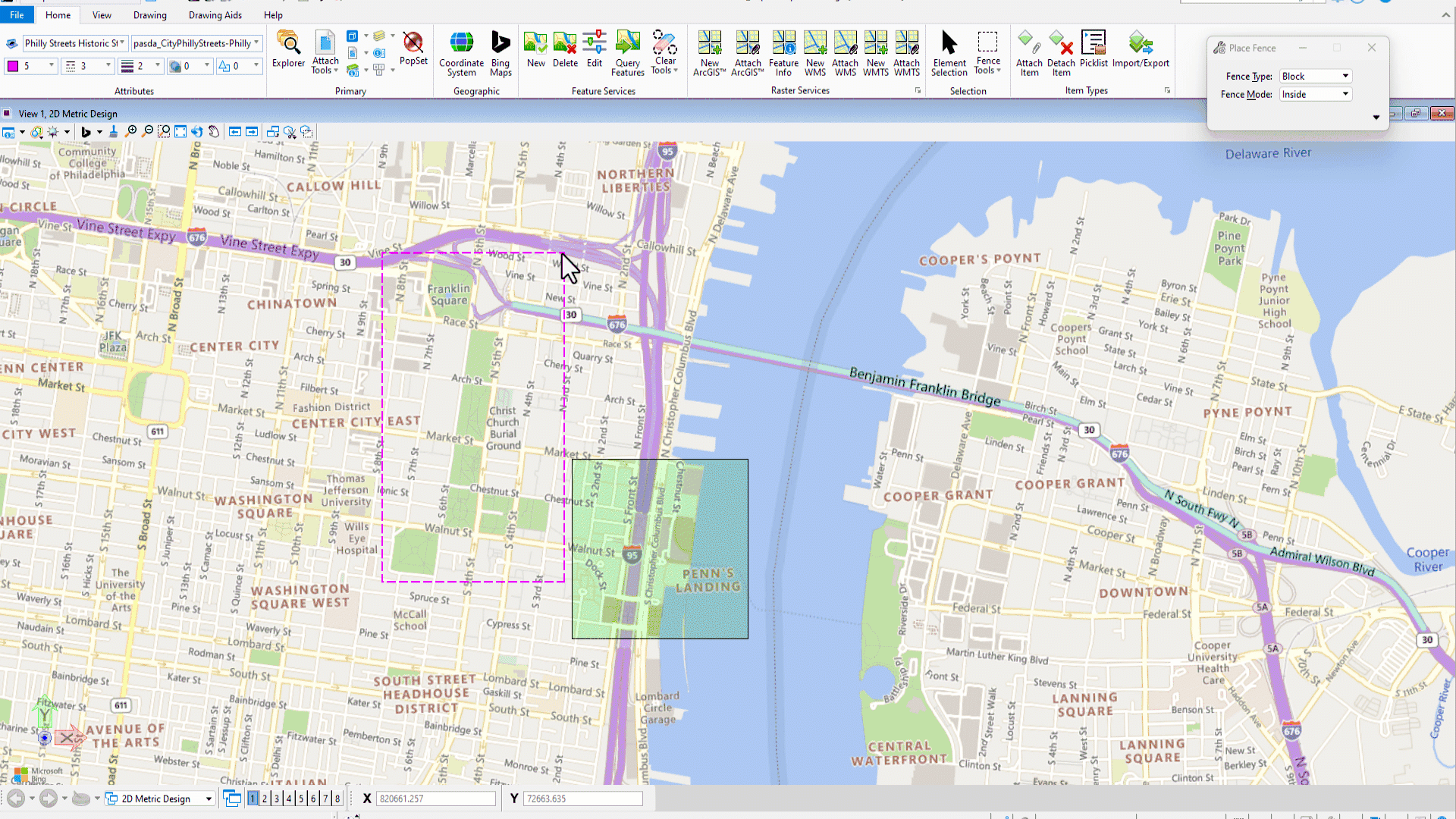 A screenshot of a GIS software displaying a map of Philadelphia and Camden, showing selected areas and features with various toolbars and map editing options visible at the top. | Bentley Systems | Infrastructure Engineering Software Company A screenshot of a GIS software displaying a map of Philadelphia and Camden, showing selected areas and features with various toolbars and map editing options visible at the top.